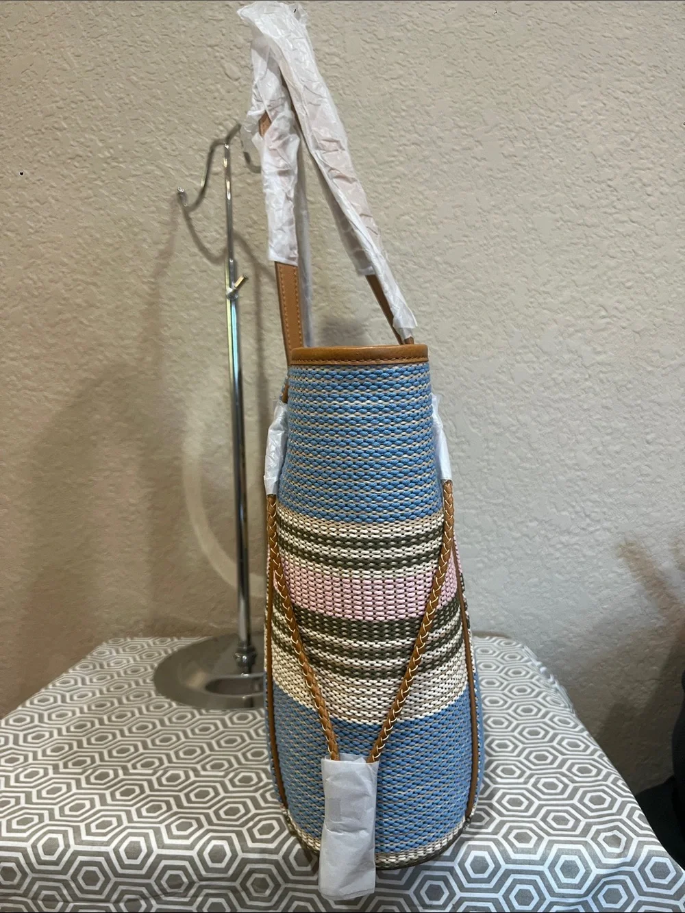 Fossil Blue, Pink & Tan Striped Woven Tote Charlie large tote